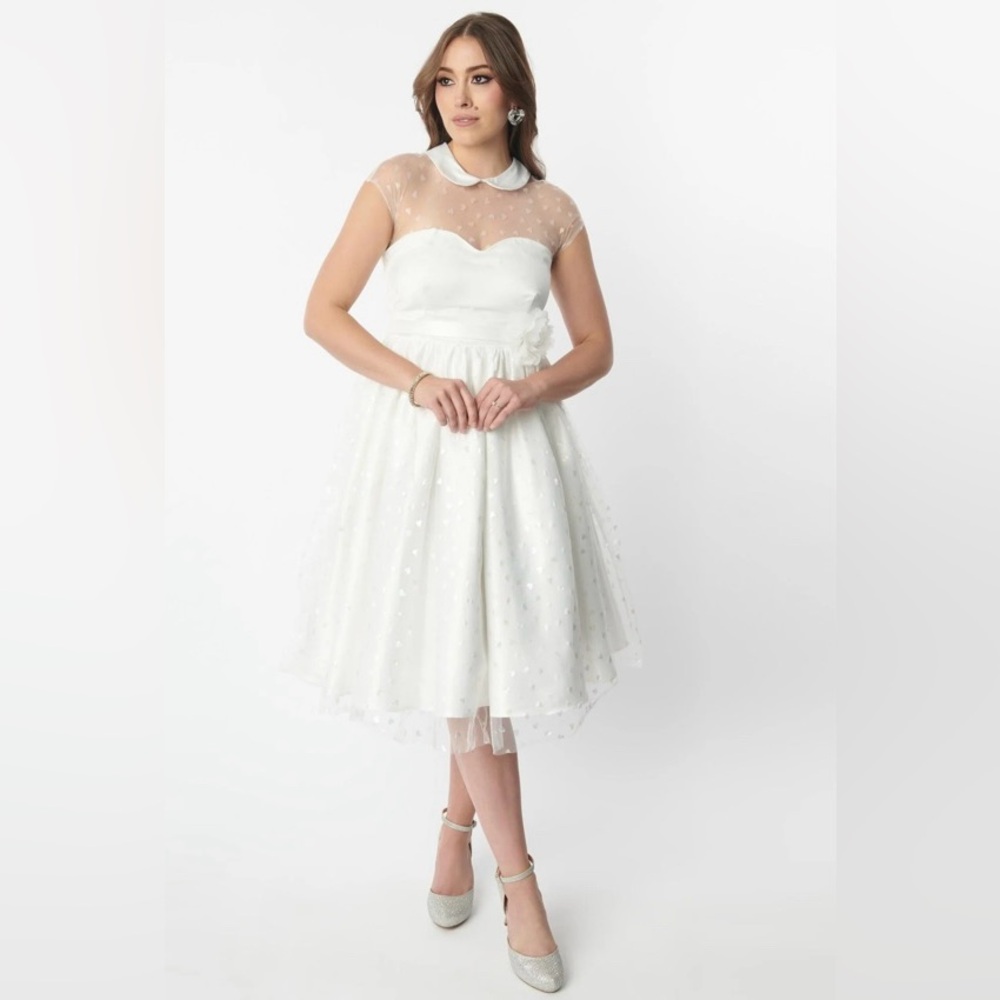 ❌SOLD❌🦋B2G1🦋UNIQUE VINTAGE White & Iridescent Heart Bridal Swing Dress  | 3XL - Picture 2 of 12